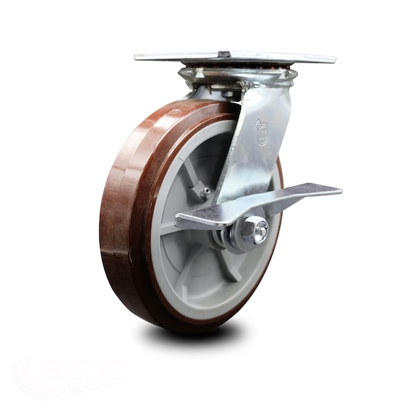 8 Inch Heavy Duty Polyurethane Caster with Ball Bearing and Brake